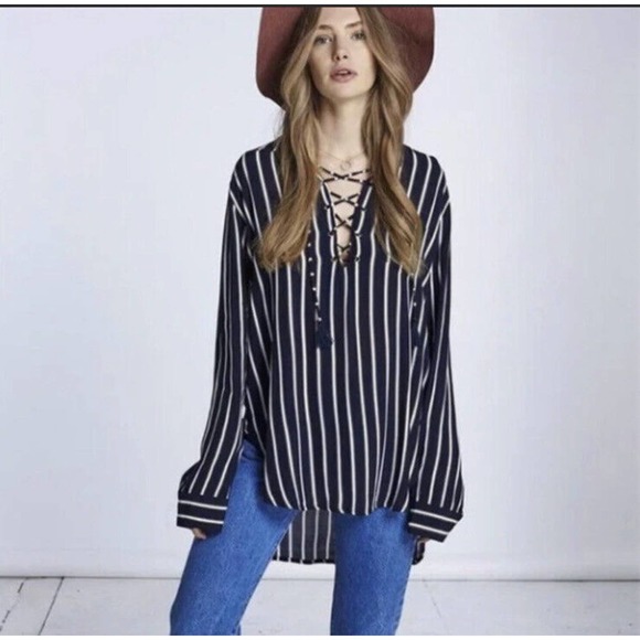 Faithfull The Brand Stevie Striped High low Long Sleeve Tunic Lace Up XS j16 - Picture 1 of 7